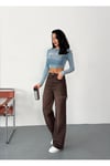 Kadın kahverengi taşlamalı baggy jean yüksek bel kot pantolon denim kumaş yanlardan lazerli
