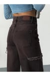 Kadın kahverengi taşlamalı baggy jean yüksek bel kot pantolon denim kumaş yanlardan lazerli