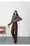 Kadın kahverengi taşlamalı wide-Leg Jean yüksek bel geniş paça kot pantolon