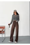 Kadın kahverengi taşlamalı wide-Leg Jean yüksek bel geniş paça kot pantolon