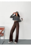 Kadın kahverengi taşlamalı wide-Leg Jean yüksek bel geniş paça kot pantolon
