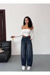 Kadın Mavi Eskitmeli Skater Fit Yüksek Bel Pantolon