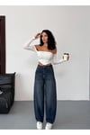 Kadın Mavi Eskitmeli Skater Fit Yüksek Bel Pantolon