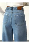 Kadın Mavi Taşlamalı Baggy Jean yüksek bel geniş paça kot pantolon Siyah