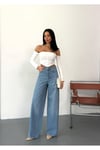 Kadın Mavi Taşlamalı Baggy Jean yüksek bel geniş paça kot pantolon Siyah