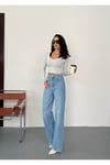 Kadın Mavi Taşlamalı Wide-Leg Jean yüksek bel geniş paça kot pantolon