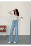 Kadın Mavi Taşlamalı Wide-Leg Jean yüksek bel geniş paça kot pantolon