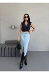 KADIN MİDİ BOY ÖN YIRTMAÇLI BUZ MAVİ KOT ETEK