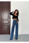 KADIN NAKIŞ DETAYLI WİDE-LEG JEAN KOT PANTOLON