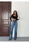KADIN NAKIŞ DETAYLI WİDE-LEG JEAN KOT PANTOLON