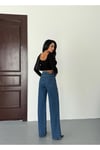 KADIN NAKIŞ DETAYLI WİDE-LEG JEAN KOT PANTOLON