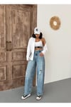 KADIN SKATER FİT YIRTIK DETAYLI YÜKSEK BEL KOT PANTOLON BUZ MAVİ