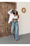 KADIN SKATER FİT YIRTIK DETAYLI YÜKSEK BEL KOT PANTOLON BUZ MAVİ