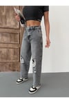 KADIN SKATER FİT YIRTIK DETAYLI YÜKSEK BEL KOT PANTOLON GRİ