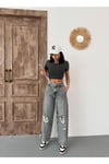 KADIN SKATER FİT YIRTIK DETAYLI YÜKSEK BEL KOT PANTOLON GRİ