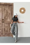 KADIN SKATER FİT YIRTIK DETAYLI YÜKSEK BEL KOT PANTOLON GRİ