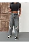 KADIN SKATER FİT YIRTIK DETAYLI YÜKSEK BEL KOT PANTOLON GRİ