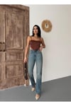 KADIN STRAİGHT LİKRALI YÜKSEK BEL BORU PAÇA KOT PANTOLON MAVİ TİNT