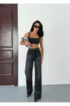 Kadın Yüksek Bel Geniş Paça (Paça Detaylı) Siyah Denim Pantolon Wide Leg Jean