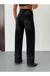Kadın Yüksek Bel Geniş Paça (Paça Detaylı) Siyah Denim Pantolon Wide Leg Jean