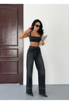 Kadın Yüksek Bel Geniş Paça (Paça Detaylı) Siyah Denim Pantolon Wide Leg Jean