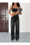 Kadın Yüksek Bel Geniş Paça (Paça Detaylı) Siyah Denim Pantolon Wide Leg Jean