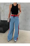 ÖNÜ MAVİ KOT ARKASI 3 İPLİK BAGGY PANTOLON YANLARDAN KIRMIZI ŞERİTLİ BELİ LASTİKLİ