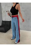 ÖNÜ MAVİ KOT ARKASI 3 İPLİK BAGGY PANTOLON YANLARDAN KIRMIZI ŞERİTLİ BELİ LASTİKLİ