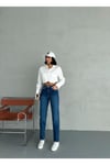 ZEO BASİC LİKRALI MOM JEAN KOYU MAVİ TAŞLAMALI