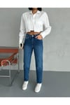 ZEO BASİC LİKRALI MOM JEAN KOYU MAVİ TAŞLAMALI