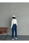 ZEO BASİC LİKRALI MOM JEAN KOYU MAVİ TAŞLAMALI