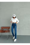 ZEO BASİC LİKRALI MOM JEAN KOYU MAVİ TAŞLAMALI