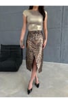 ZEO BASİC VARAK BASKILI LEOPAR DESNLİ MİDİ ETEK