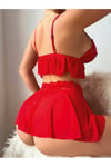 Ateşli Kırmızı Fırfırlı ve Dantelli 3 Parça Şortlu Babydoll Gecelik Takımı (tangalı)