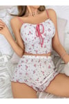 Kadın Çiçek Desenli Pembe İp Askılı Pamuk Pijama Gecelik Takımı