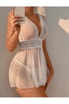 Puantiyeli Tül ve Dantel Detaylı Derin V Yaka Babydoll Gecelik