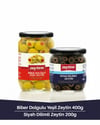 Biberli Yeşil Zeytin 400 gr (141/160) 4XL Cam Kavanoz & Siyah Dilimli Zeytin 200 gr Cam Kavanoz