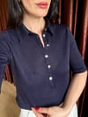 Polo Yaka Düğmeli Transparan T-Shirt Lacivert