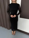 Drapeli Uzun Kol Taşlı Siyah Midi Tül Elbise Siyah