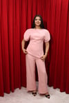 Omzu Yırtmaçlı Bele Oturan Vatkalı Takım pembe