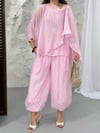 Uçuşan Pelerin Bluz Pantolon Takım pembe 