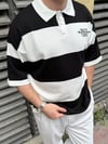Çizgili Siyah Yakalı Triko T-Shirt