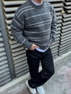 Gri Çizgili Oversize Triko Kazak