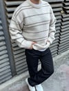 Krem Çizgili Oversize Triko Kazak