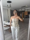 Bej Önden Fermuarlı & Bağcıklı Straplez Korse Büstiyer 
