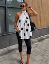 Beyaz Siyah Büyük Puantiyeli & Halter Yaka Bluz