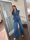Geniş Omuz Belden Oturtmalı Denim Tasarım Yelek