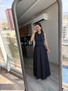 Lacivert Çizgili Çift Parça Görünümlü & Denim Midi Elbise