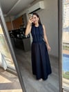 Lacivert Çizgili Çift Parça Görünümlü & Denim Midi Elbise