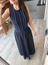 Lacivert Çizgili Çift Parça Görünümlü & Denim Midi Elbise